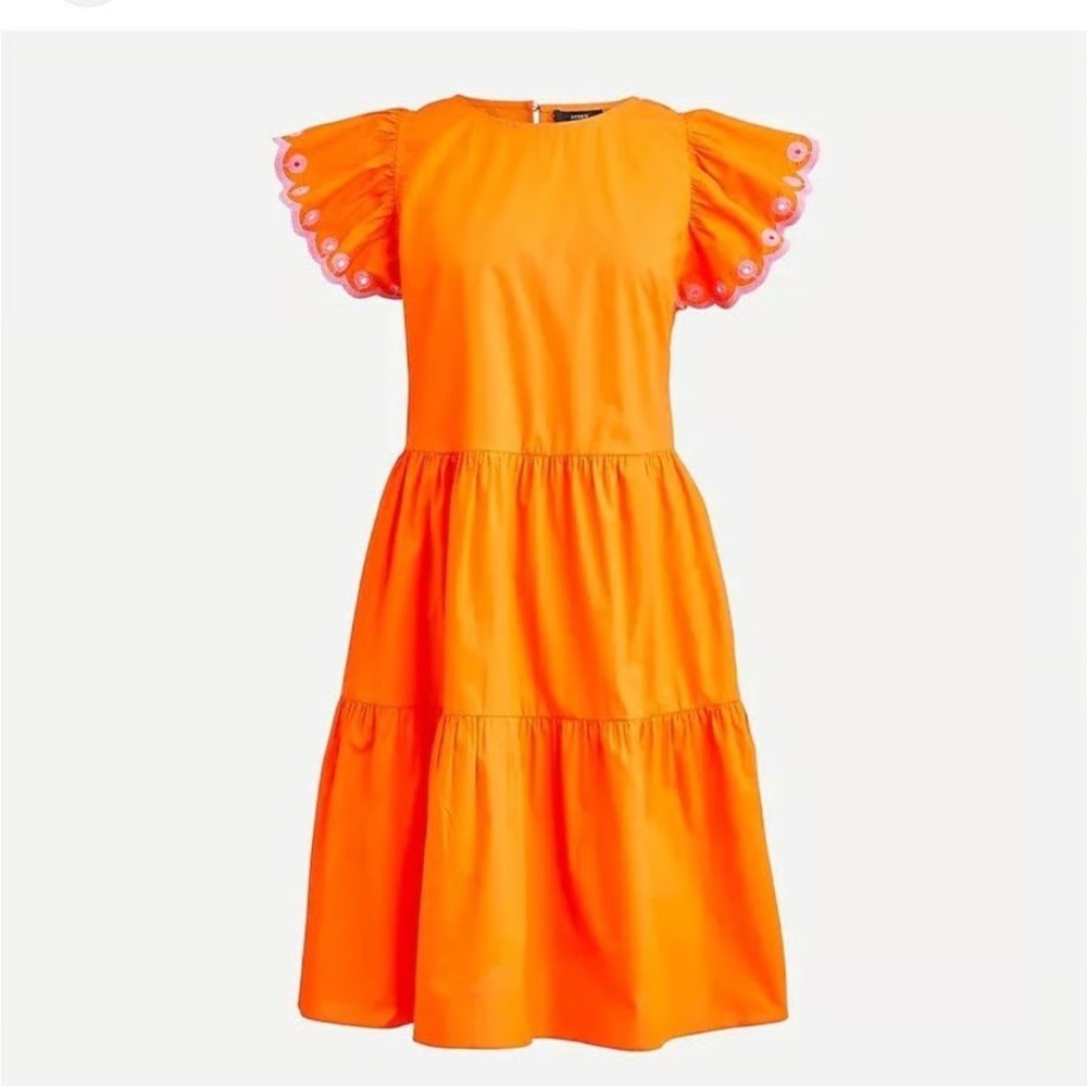 J. Crew Orange Tiered Dress with Pink Scallop Sleeve Detail